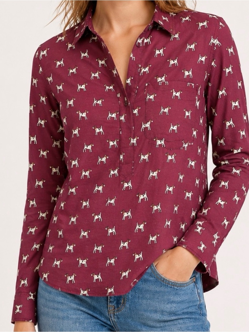 J. Crew Burgundy Popover Button-Down Shirt with Terrier Print